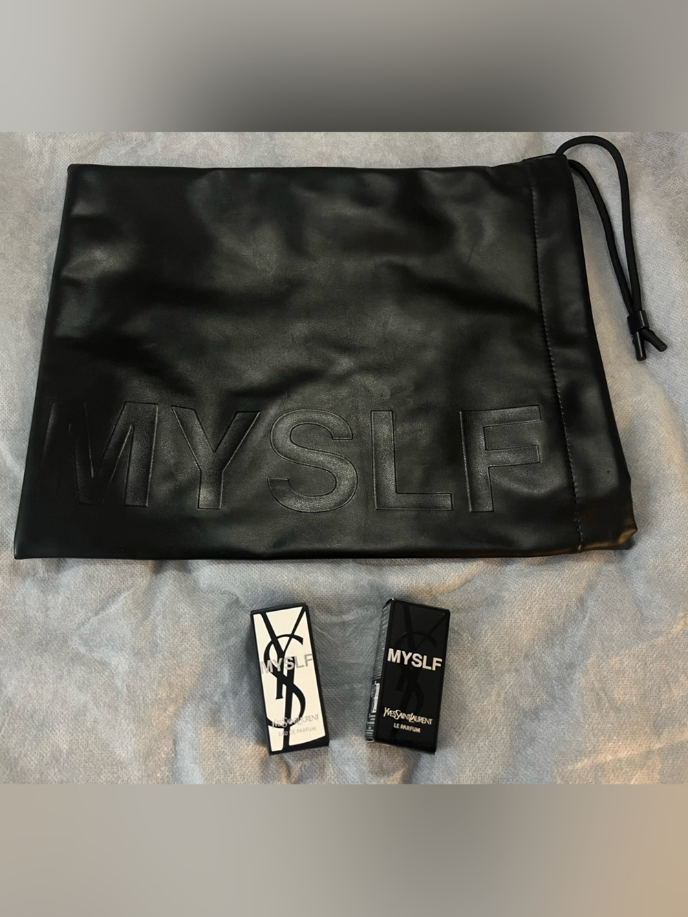 Yves Saint Laurent MYSLF Black Drawstring Pouch WITH Le Parfum AND Eau De Parfum